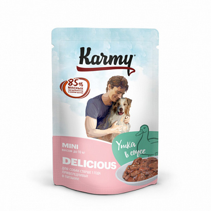 Karmy Delicious Mini влажный корм для собак мелких пород привередливых в питании, утка в соусе, в паучах 