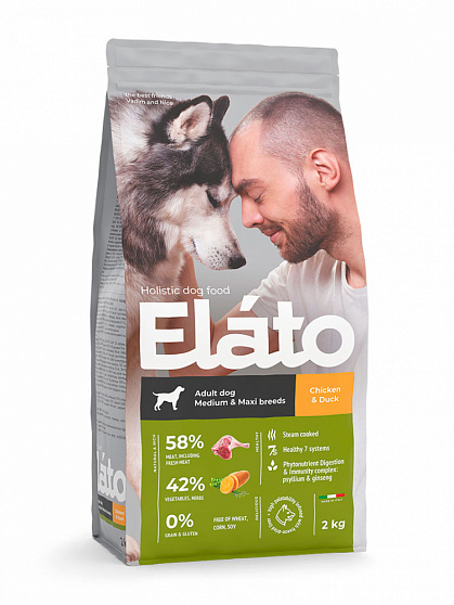 Elato Holistic корм д/взр собак средних и крупных пород с курицей и уткой